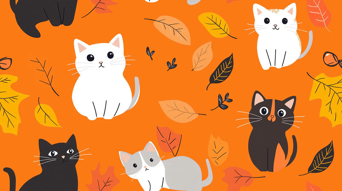 Autumn Feline Whimsy Mural Wallpaper — Playful Cat Pattern Mural Wallpaper - room preview 02