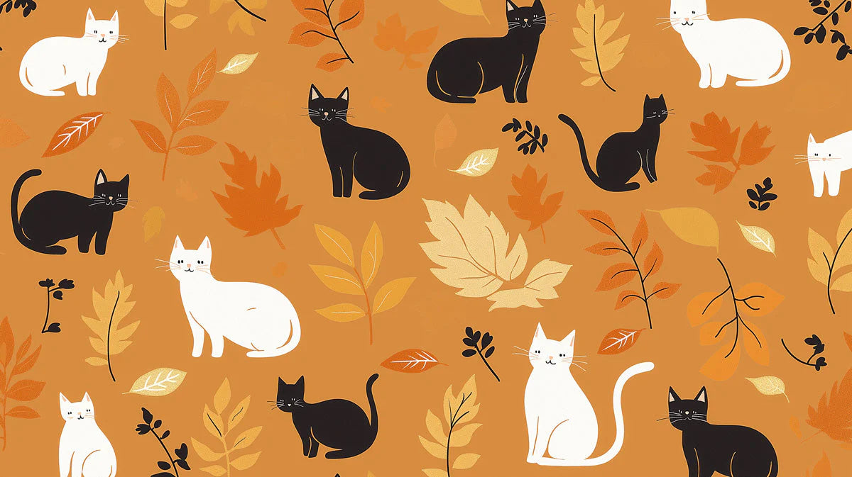 Autumn Feline Whimsy Mural Wallpaper — Playful Seasonal Design Mural Wallpaper - room preview 02