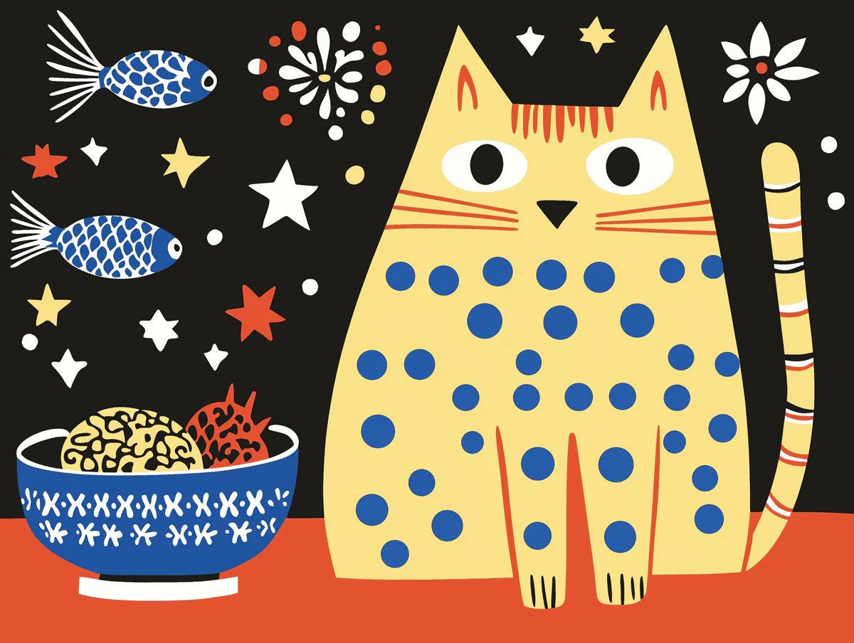 Polka Dot Cat Whimsical Mural Wallpaper — Playful Illustration Mural Wallpaper - room preview 02