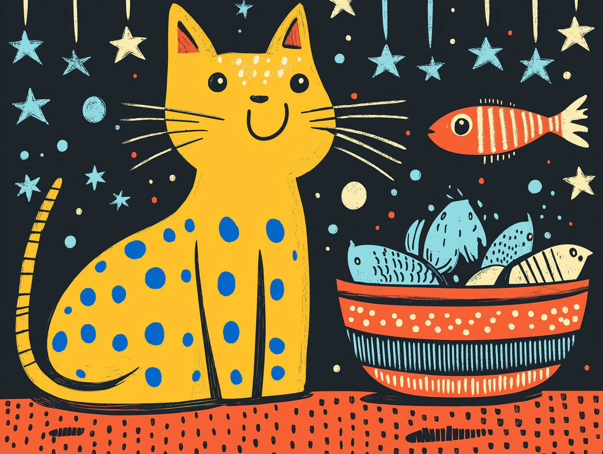Starry Cat and Fish Mural Wallpaper — Whimsical Night Illustration Mural Wallpaper - room preview 02