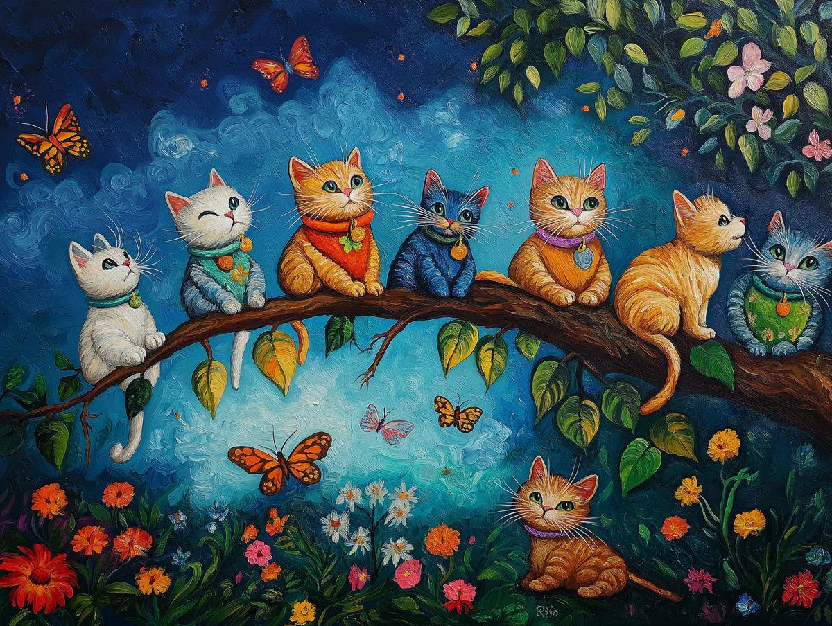 Cats on a Branch Mural Wallpaper — Whimsical Oil Painting Art Mural Wallpaper - room preview 02