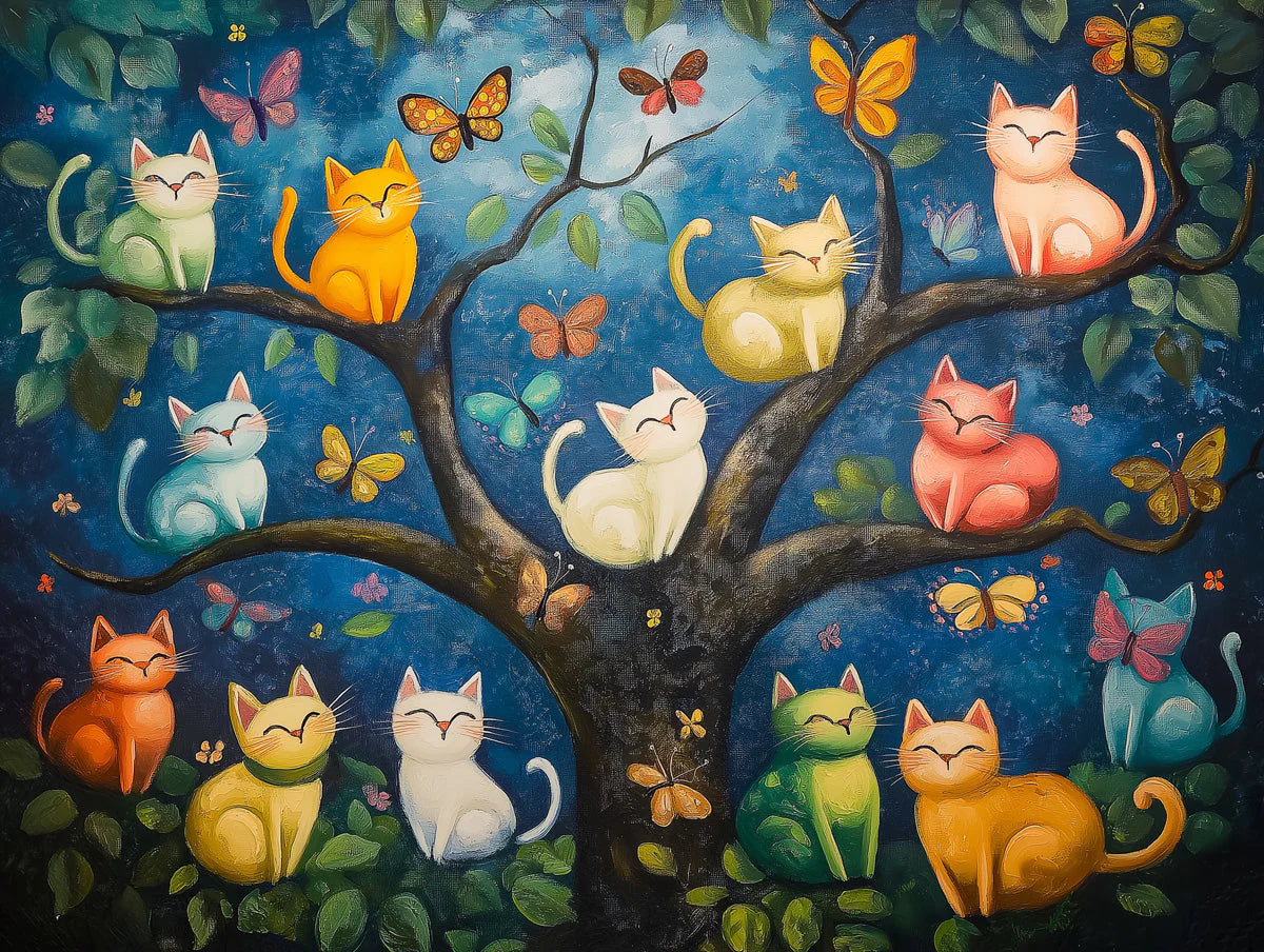 Feline Tree Mural Wallpaper — Whimsical Painted Garden Scene Mural Wallpaper - room preview 02