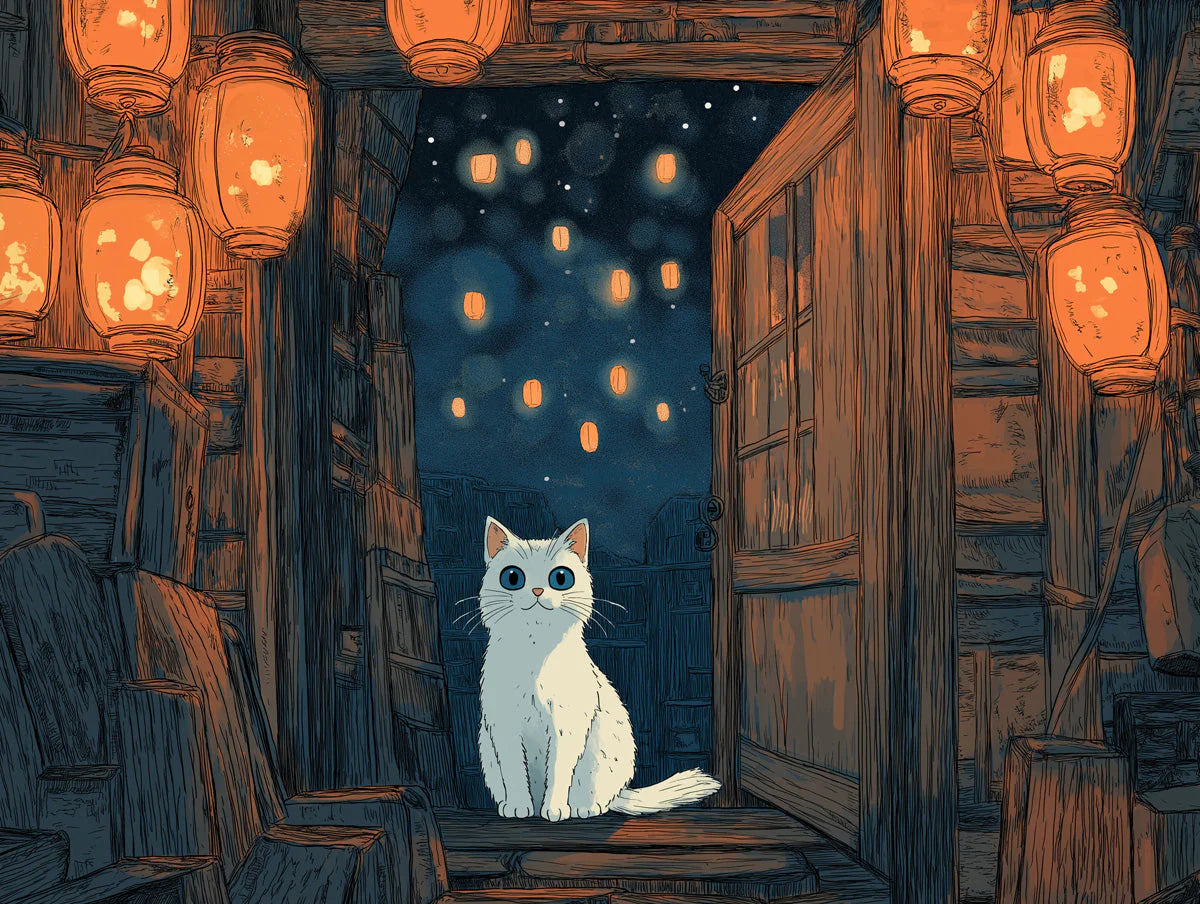 Lantern Night Cat Mural Wallpaper — Whimsical Storybook Scene Mural Wallpaper - room preview 02