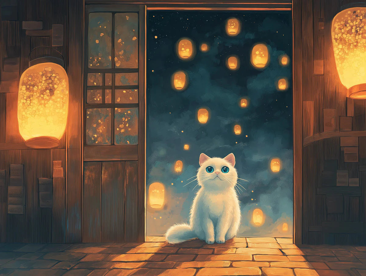 Lantern-Lit Cat Night Mural Wallpaper — Whimsical Night Scene Mural Wallpaper - room preview 02