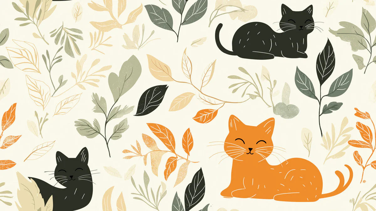 Playful Cats and Foliage Mural Wallpaper — Minimalist Nature Mural Wallpaper - room preview 02