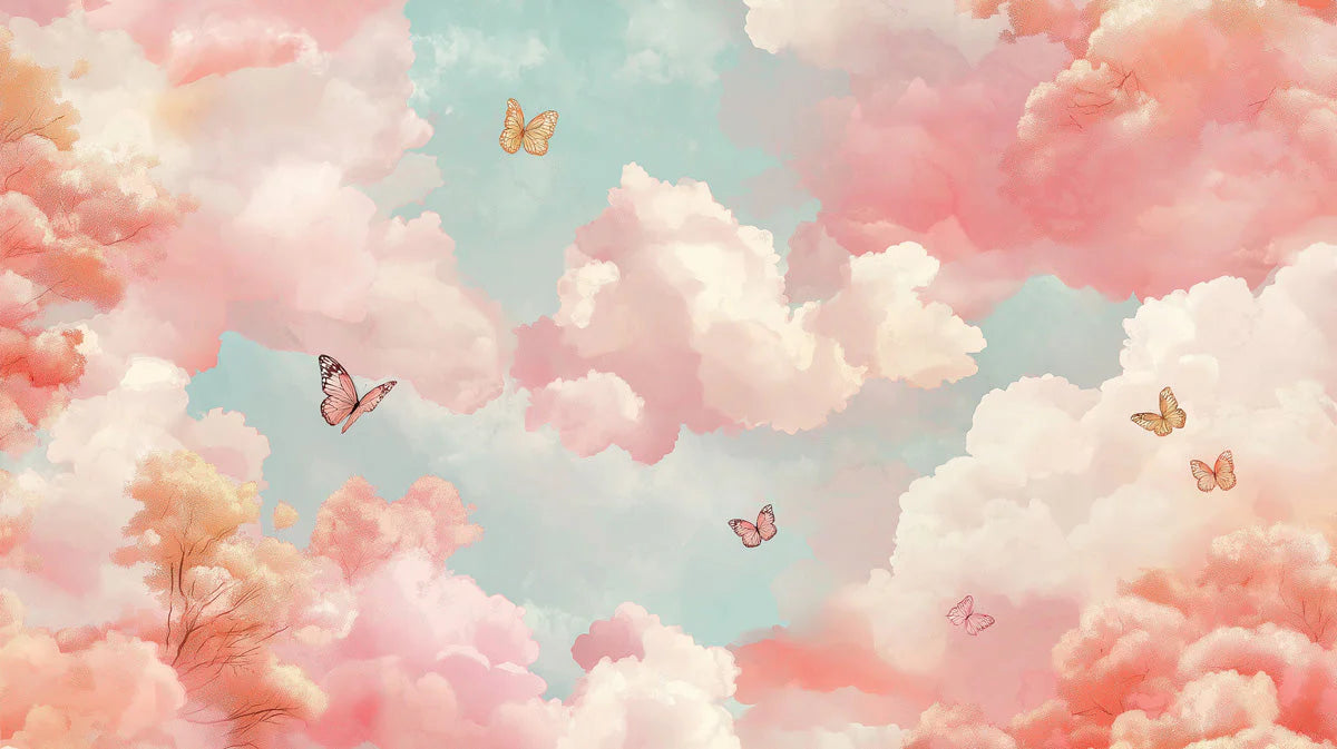 Dreamy Pastel Cloud and Butterfly Mural Wallpaper - room preview 02