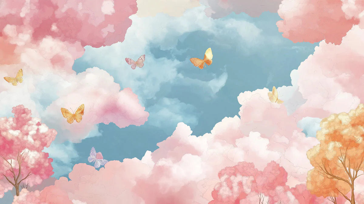Floating Butterflies and Pink Cloud Mural Wallpaper - room preview 02