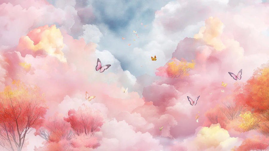 Butterfly Wallpaper Mural – Flutter Wall Mural – Dreamy Pastel Sky and Butterfly printable artwork