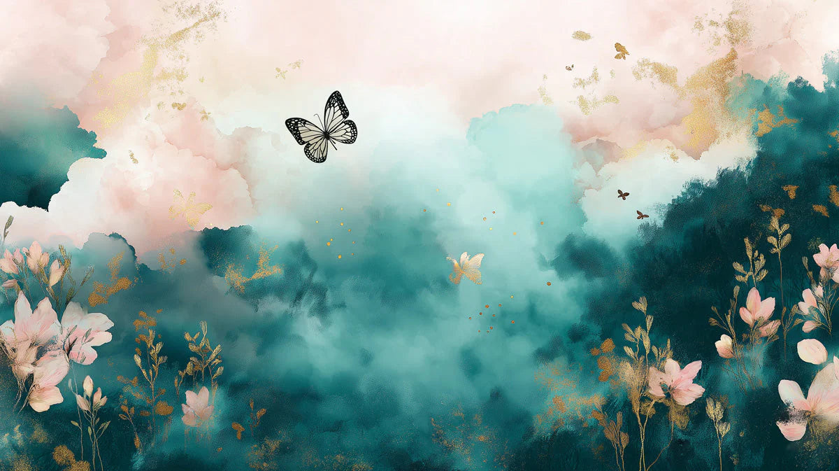 Watercolor Cloud and Butterfly Mural Wallpaper — Ethereal Teal Mural Wallpaper - room preview 02