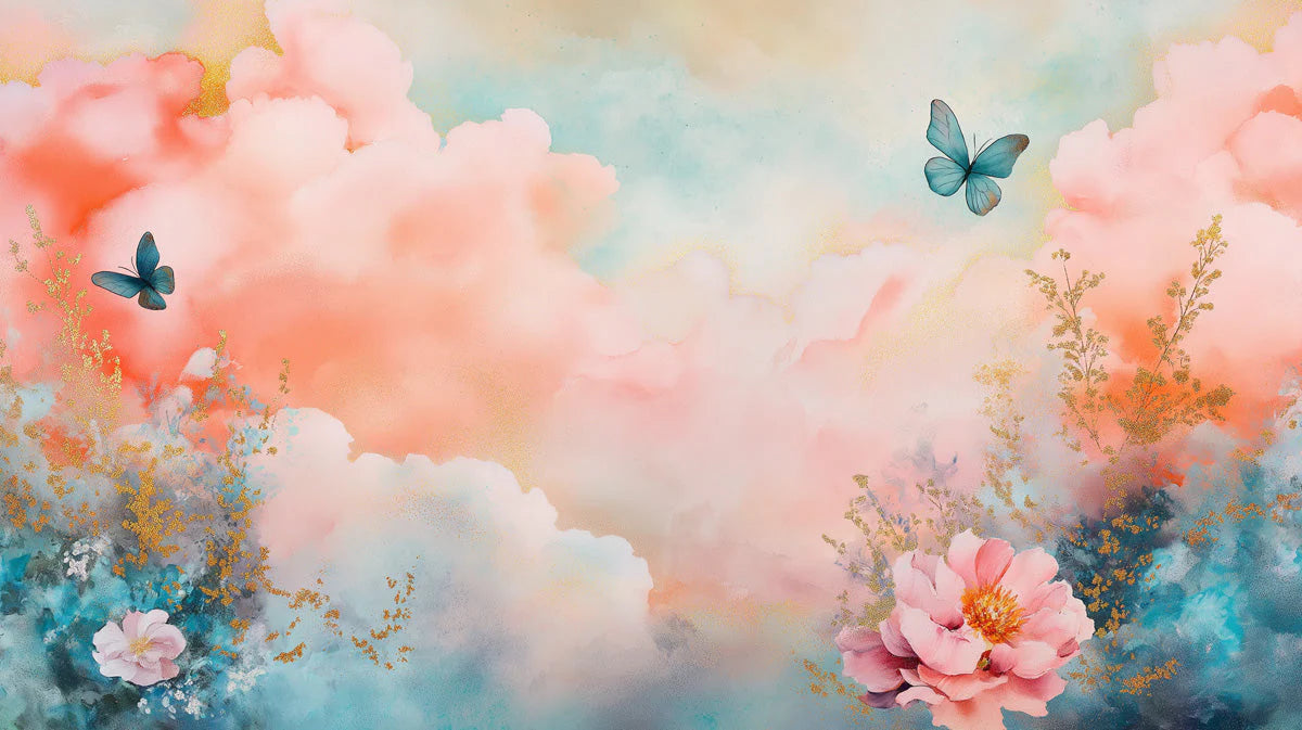 Watercolor Cloud and Butterfly Mural Wallpaper — Dreamy Pastel Mural Wallpaper - room preview 02