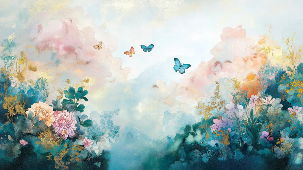 Watercolor Butterfly and Floral Garden Mural Wallpaper - room preview 02