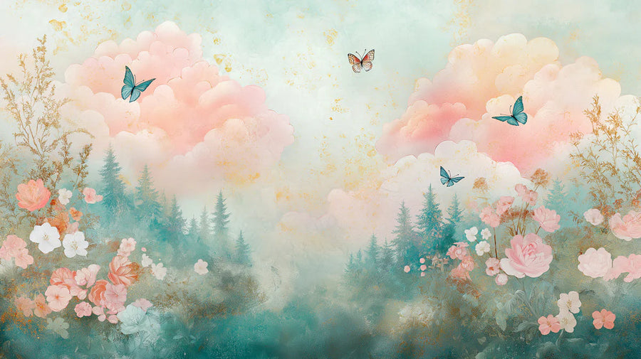 Butterfly Wallpaper Mural – Flutter Wall Mural – Watercolor Cloud and Butterfly — Ethereal Garden printable artwork