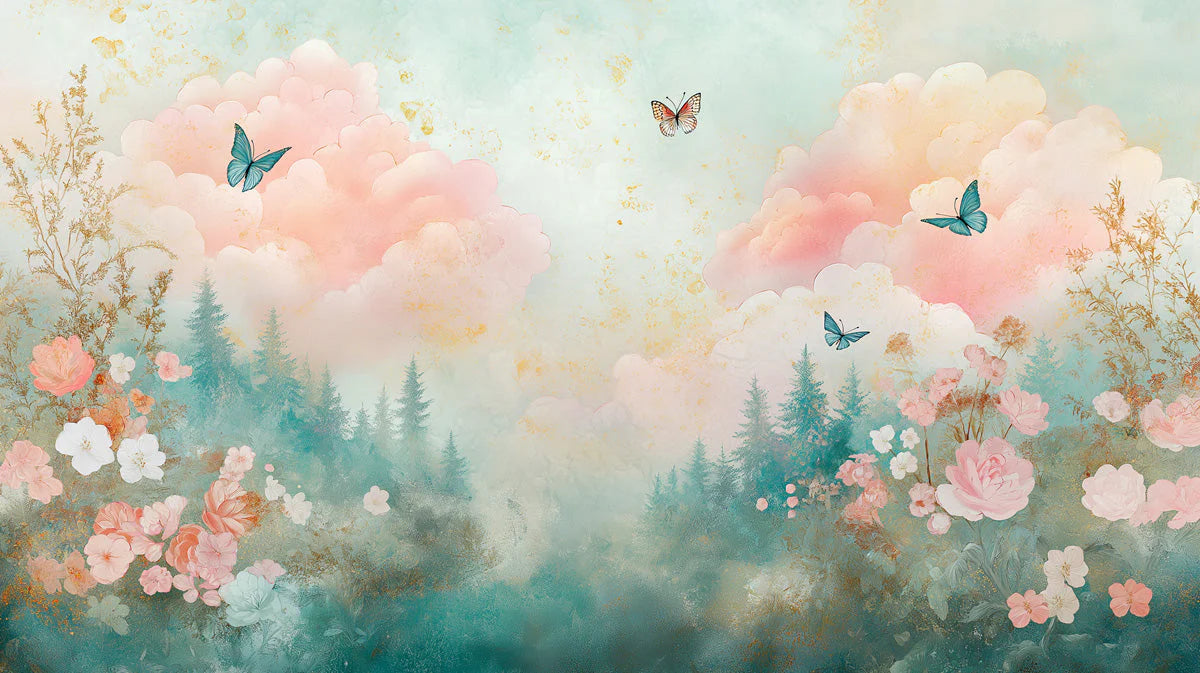 Watercolor Cloud and Butterfly Mural Wallpaper — Ethereal Garden Mural Wallpaper - room preview 02