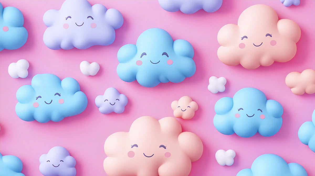 Cheerful Smiling Clouds Mural Wallpaper — Soft Pastel Design Mural Wallpaper - room preview 02