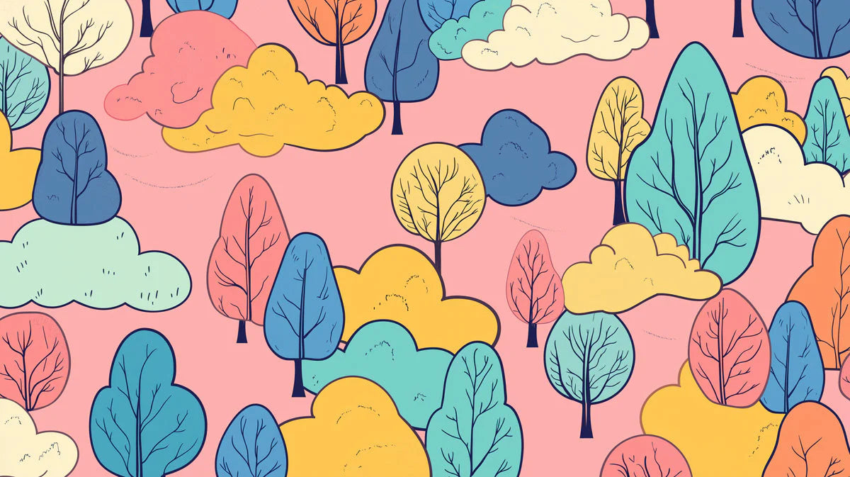 Whimsical Forest Mural Wallpaper in Pastel Palette Mural Wallpaper - room preview 02