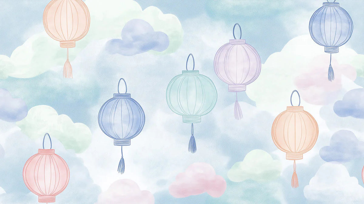 Floating Pastel Lanterns Mural Wallpaper — Whimsical Sky Design Mural Wallpaper - room preview 02