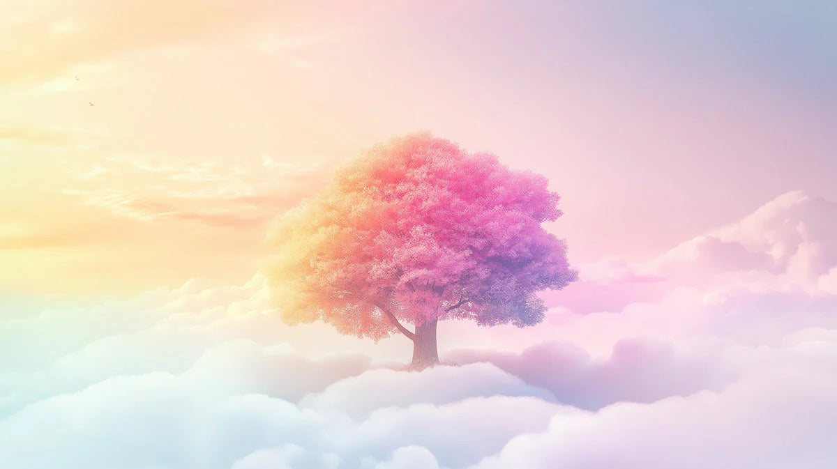 Ethereal Rainbow Tree Mural Wallpaper — Dreamy Pastel Sunset Scene Mural Wallpaper - room preview 02