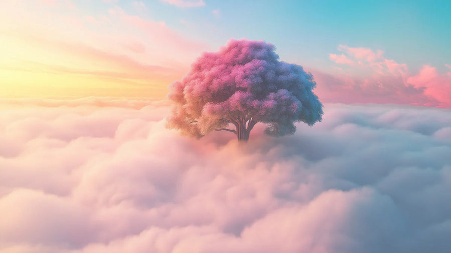 Ethereal Sunset Tree Mural Wallpaper — Dreamy Cloud Horizon Mural Wallpaper printable artwork