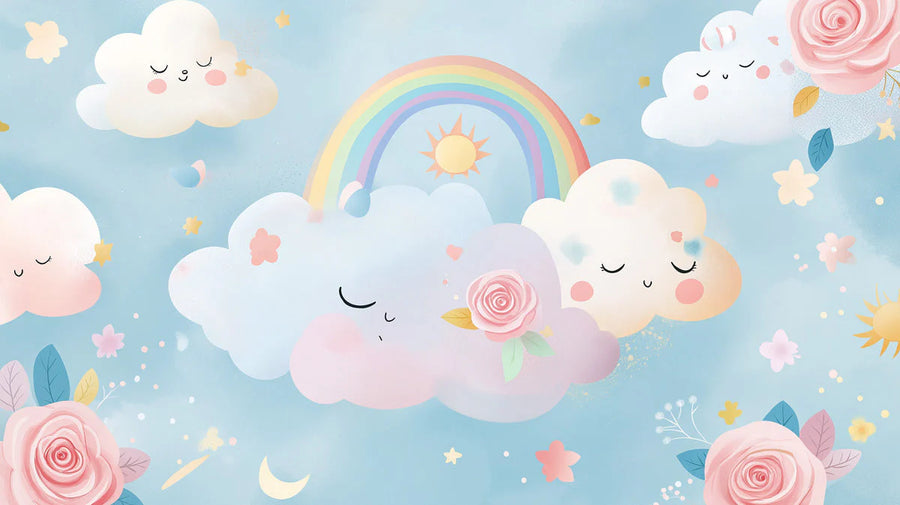 Verspielter Himmel und florale Regenbogen-Wandtapete printable artwork