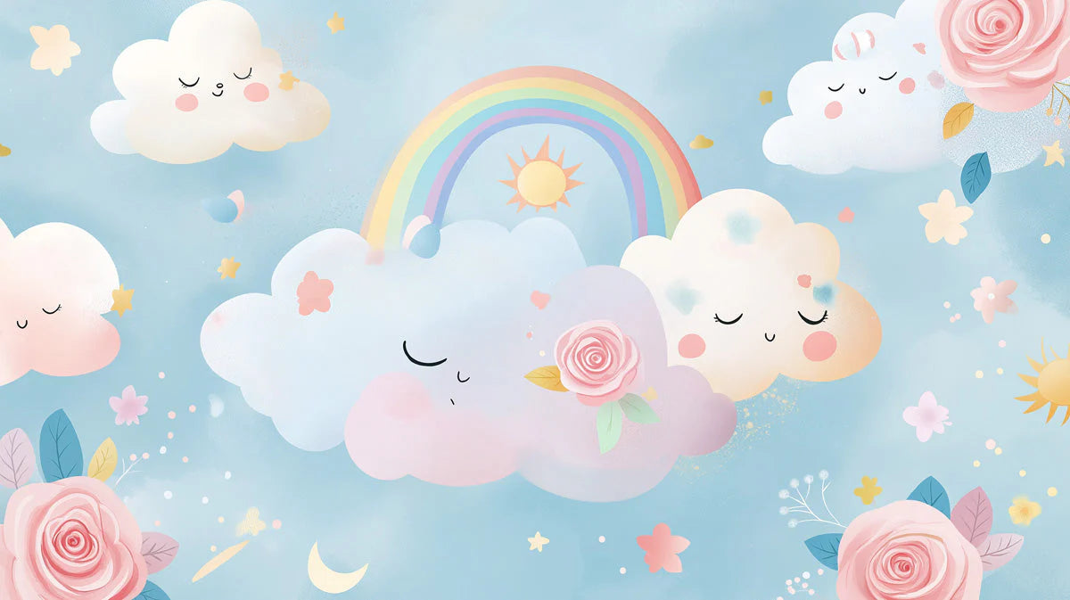 Whimsical Sky and Floral Rainbow Mural Wallpaper - room preview 02