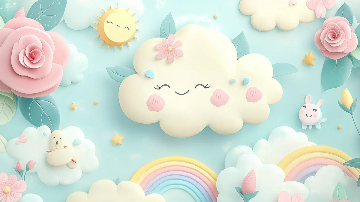 Smiling Cloud and Floral Sky Mural Wallpaper — Whimsical Decor Mural Wallpaper - room preview 02
