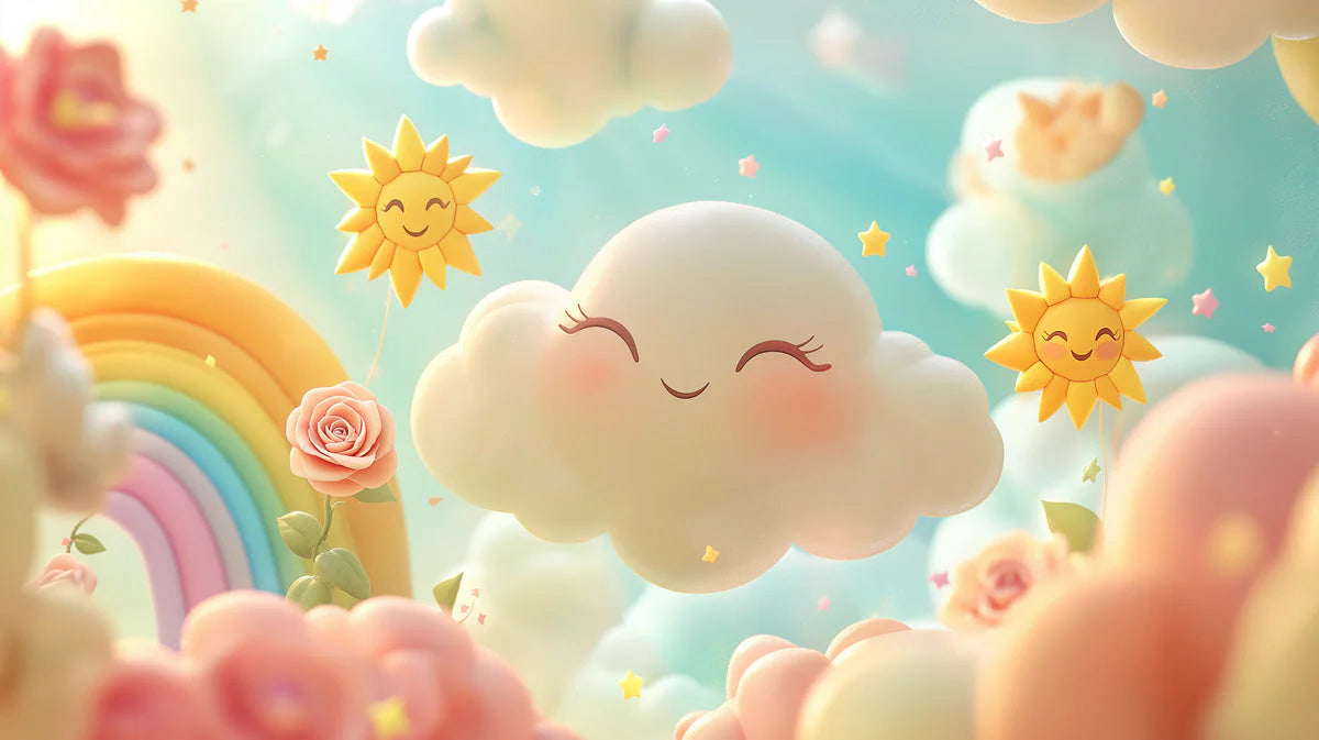 Smiling Sun and Clouds Mural Wallpaper — Whimsical Pastel Art Mural Wallpaper - room preview 02