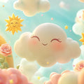 Smiling Sun and Clouds Mural Wallpaper — Whimsical Pastel Art Mural Wallpaper - room preview 02
