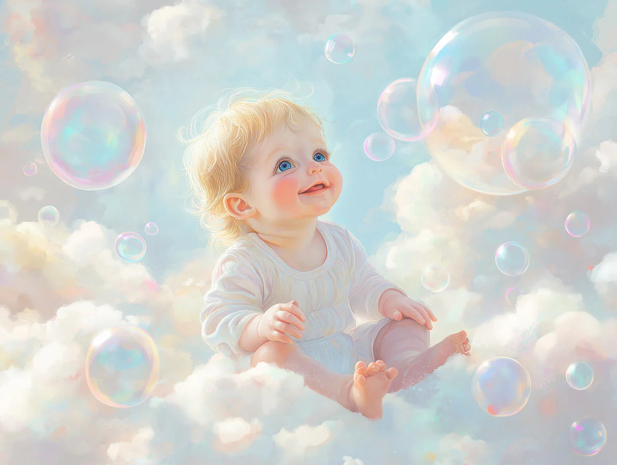 Dreamy Baby and Bubbles Mural Wallpaper —Soft Pastel Art Mural Wallpaper - room preview 02