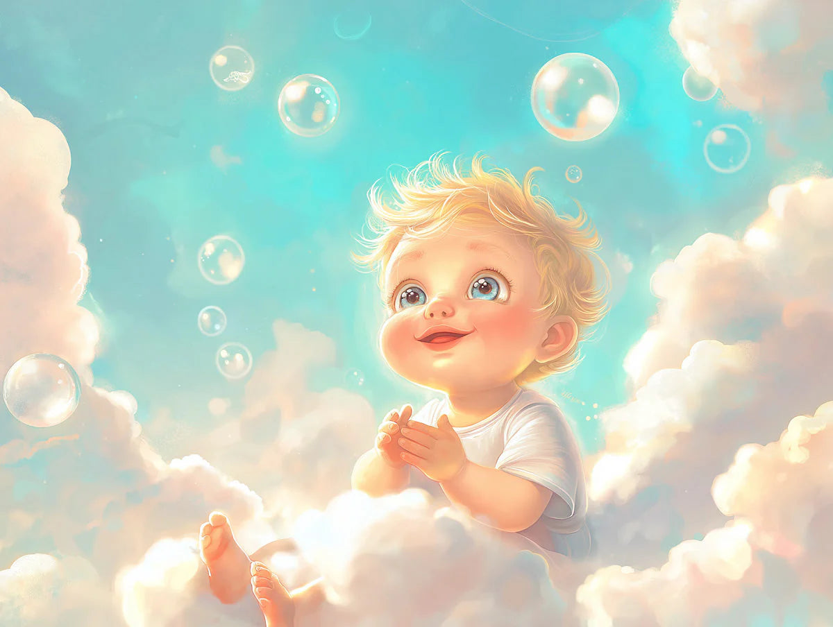 Dreamy Baby and Bubble Clouds Mural Wallpaper —Soft Pastel Mural Wallpaper - room preview 02