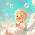 Dreamy Baby and Bubble Clouds Mural Wallpaper —Soft Pastel Mural Wallpaper - room preview 02