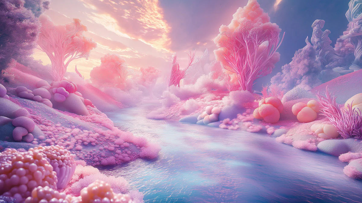 Dreamscape Fantasy Landscape Mural Wallpaper — Soft Pastel Pink Mural Wallpaper - room preview 02