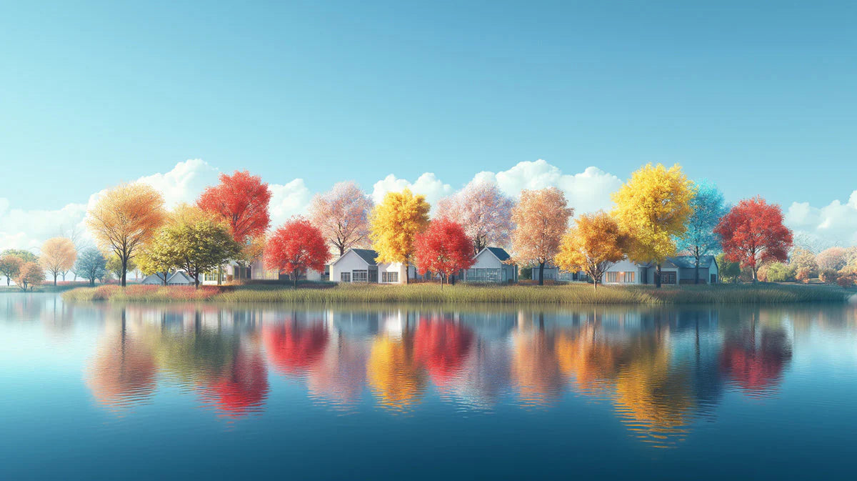 Autumn Lakeside Reflections Mural Wallpaper — Vibrant Scenic Design Mural Wallpaper - room preview 02