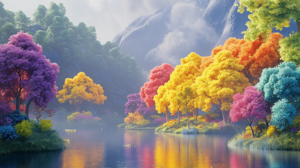Vivid Mountain Lake Mural Wallpaper — Dreamy Colorful Landscape Mural Wallpaper - room preview 02