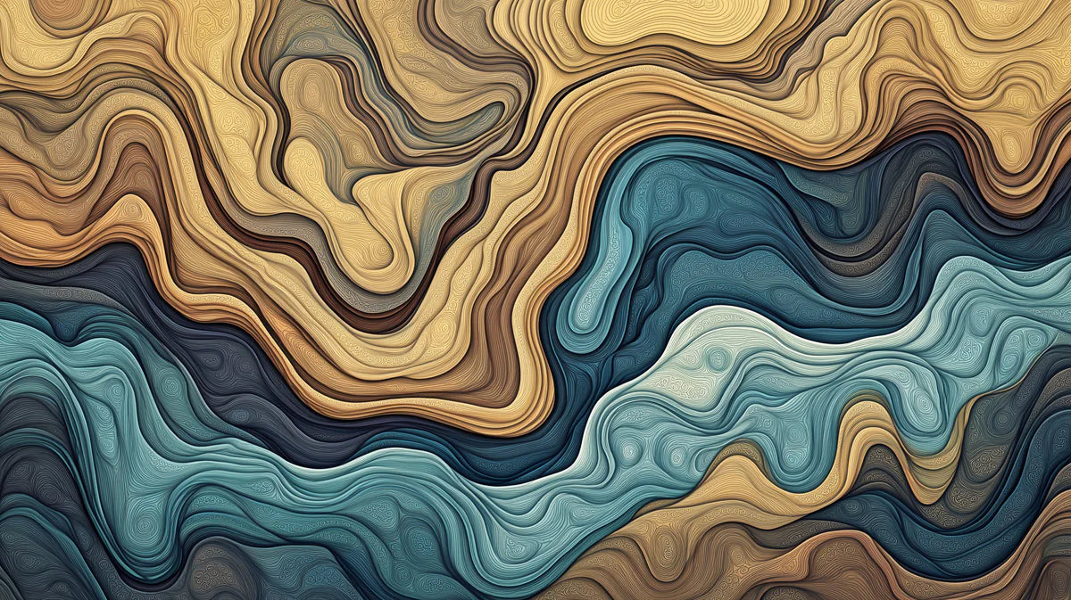 Abstract Swirl Mural Wallpaper — Teal and Ochre Fluid Art Mural Wallpaper - room preview 02