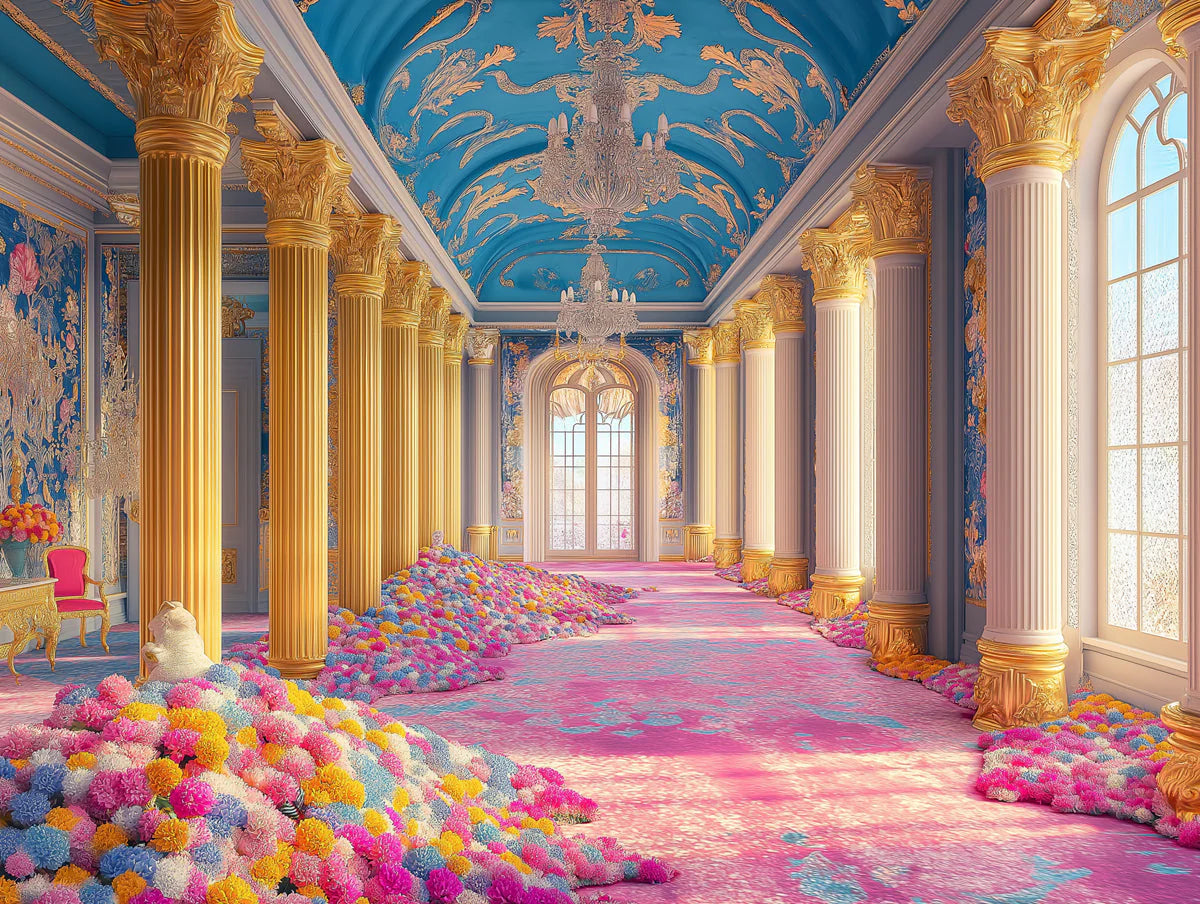 Baroque Palace Hall Mural Wallpaper — Regal Blue and Gold Floral Mural Wallpaper - room preview 02