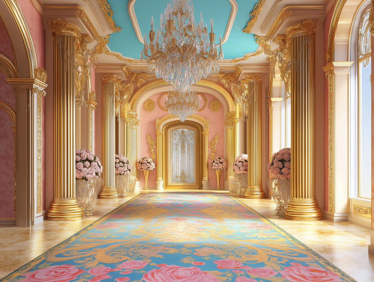 Royal Palace Hall Mural Wallpaper — Baroque Pink and Gold Design Mural Wallpaper - room preview 02