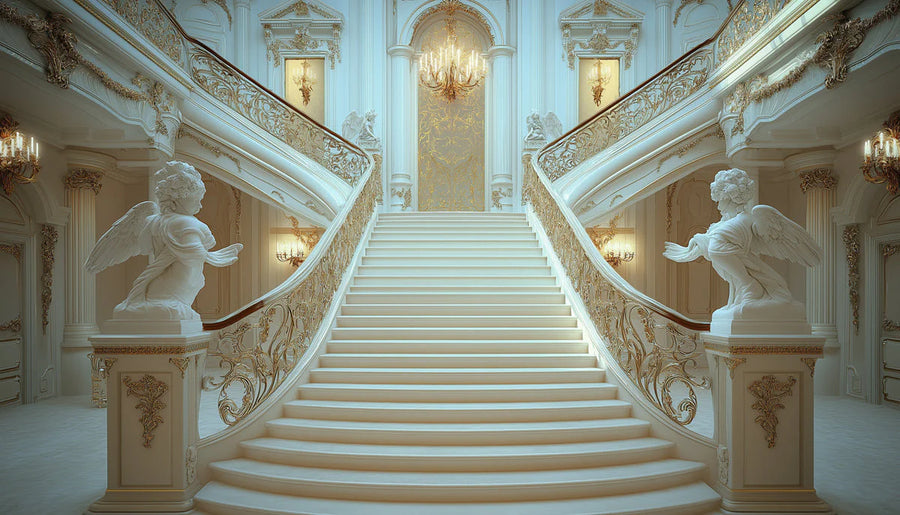 Grand Barock-Treppenhaus-Wandbildtapete — Wandbildtapete mit ornamentiertem Palastdesign printable artwork