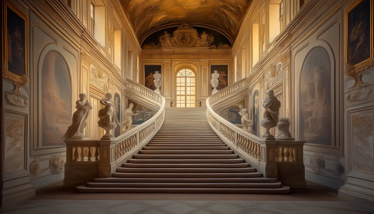 Grand Baroque Staircase Mural Wallpaper in Warm Ochre Mural Wallpaper - room preview 02