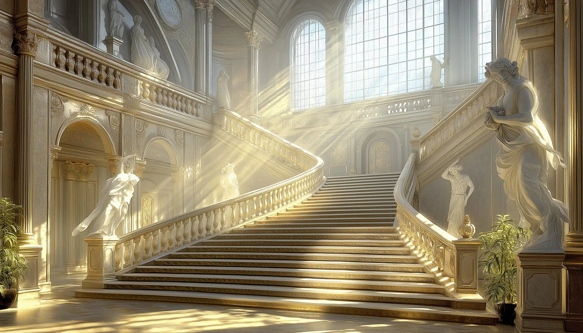 Sunlit Baroque Grand Staircase Mural Wallpaper — Historical Luxury Mural Wallpaper - room preview 02