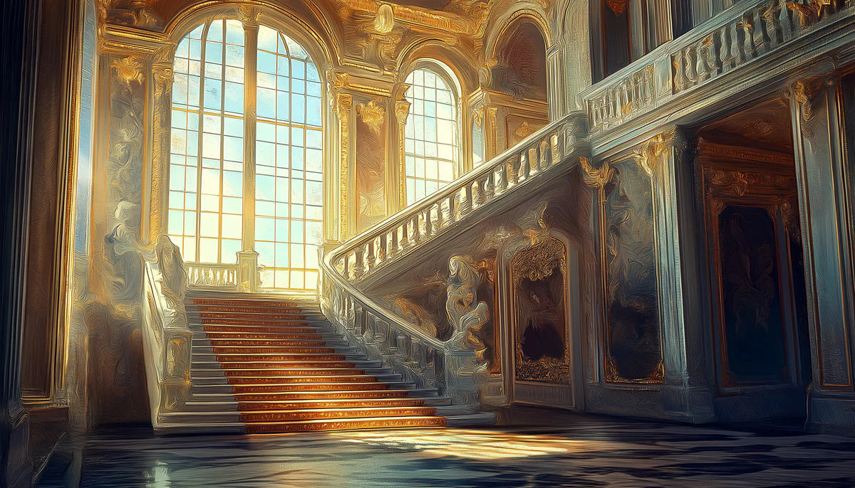 Grand Baroque Palace Staircase Mural Wallpaper in Gold and Blue Mural Wallpaper - room preview 02