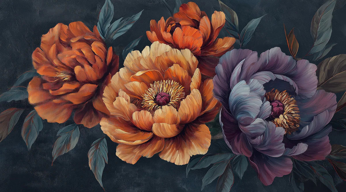 Vivid Peony Floral Mural Wallpaper — Moody Oil Painting Style Mural Wallpaper - room preview 02