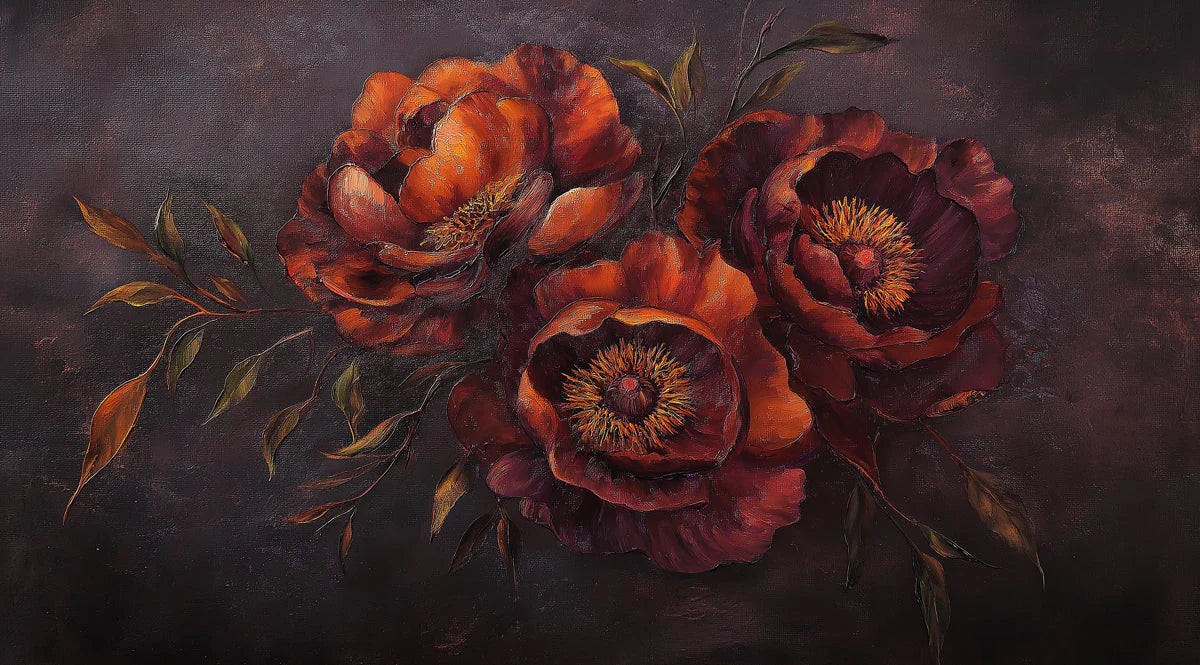 Oil Painted Peony Mural Wallpaper —Dark Floral Art Mural Wallpaper - room preview 02