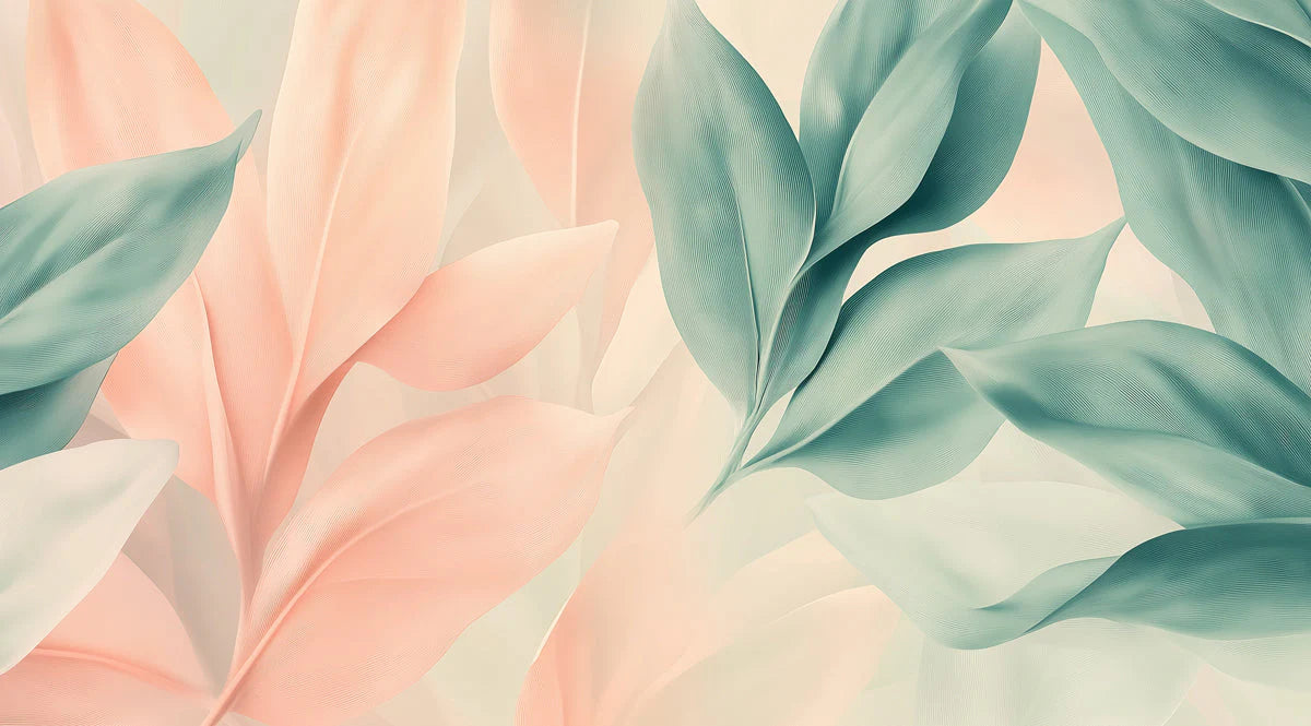 Abstract Botanical Leaf Mural Wallpaper — Soft Sage and Peach Mural Wallpaper - room preview 02