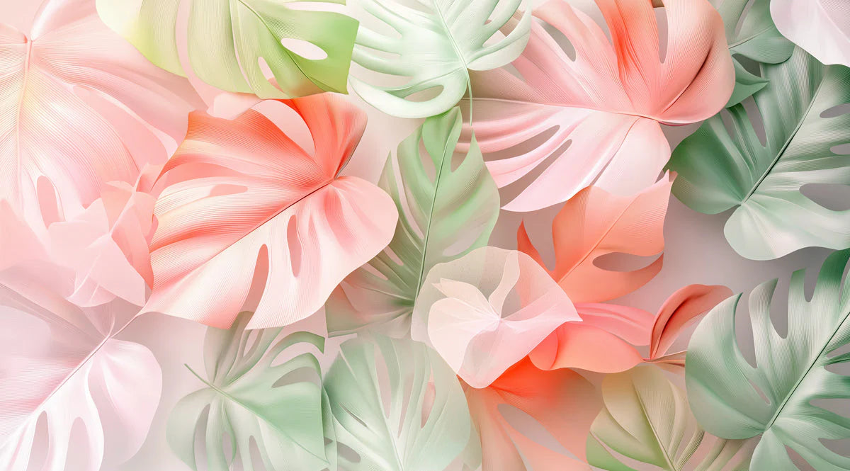 Monstera Leaf Mural Wallpaper in Soft Pink and Sage Green Mural Wallpaper - room preview 02