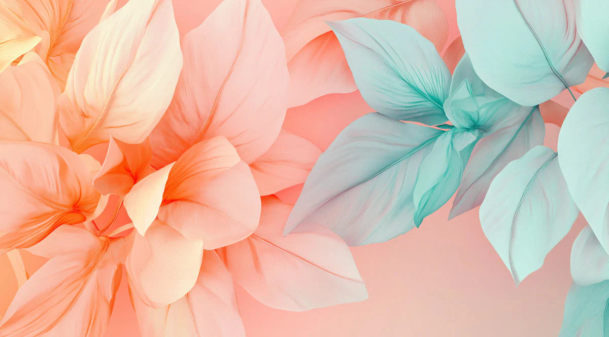 Abstract Botanical Leaf Mural Wallpaper — Soft Coral and Teal Mural Wallpaper - room preview 02