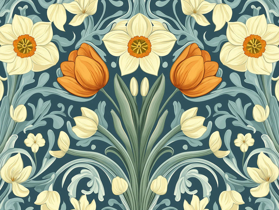 Floral Wallpaper Mural – Flower Wallpaper – Vintage Botanical Floral — Teal and Ochre Bloom printable artwork