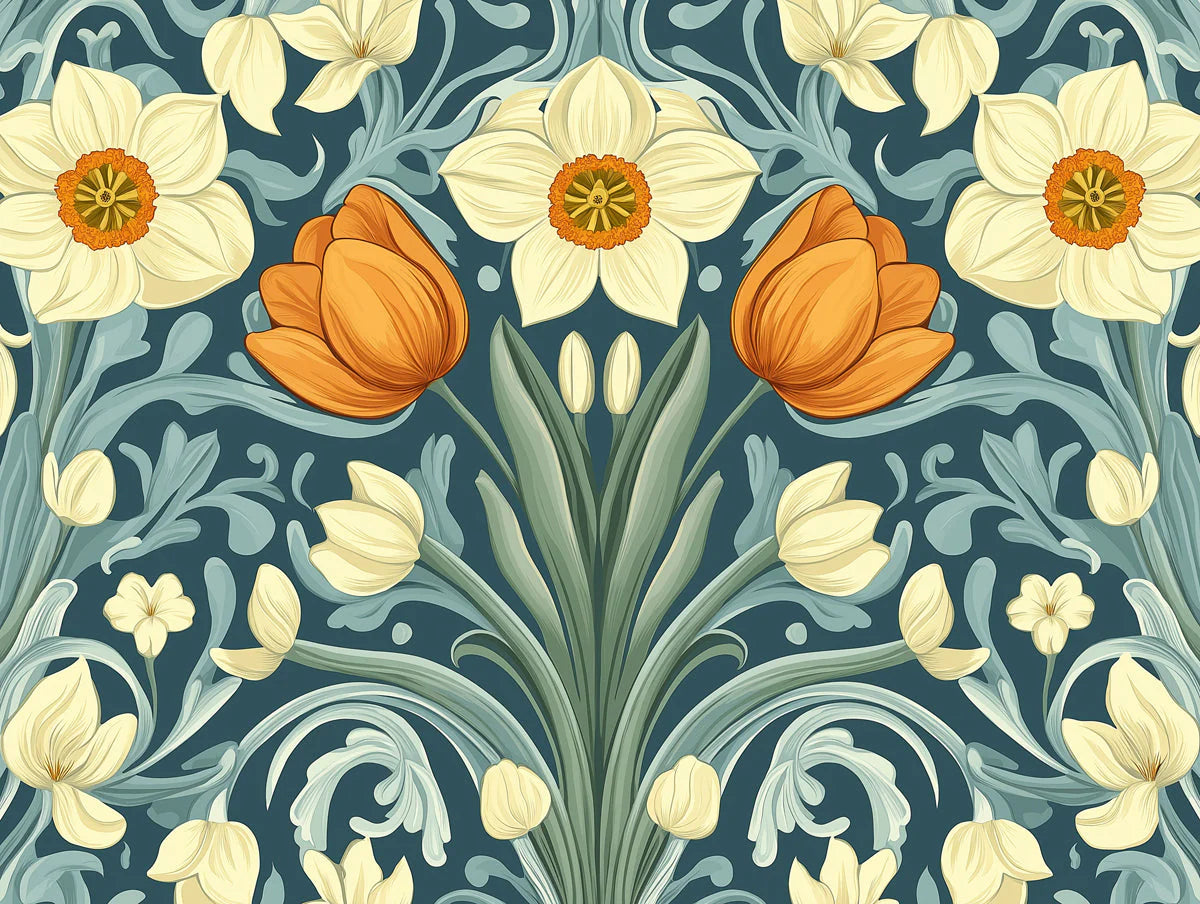 Vintage Botanical Floral Mural Wallpaper — Teal and Ochre Bloom Mural Wallpaper - room preview 02