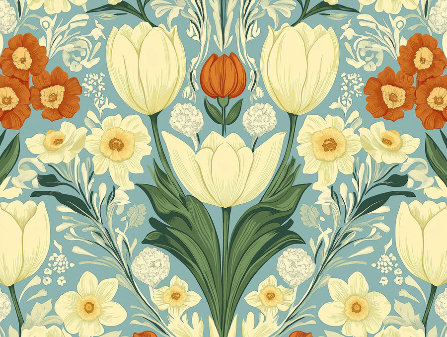 Floral Wallpaper Mural – Flower Wallpaper – Heritage Floral Botanical in Teal and Ochre printable artwork