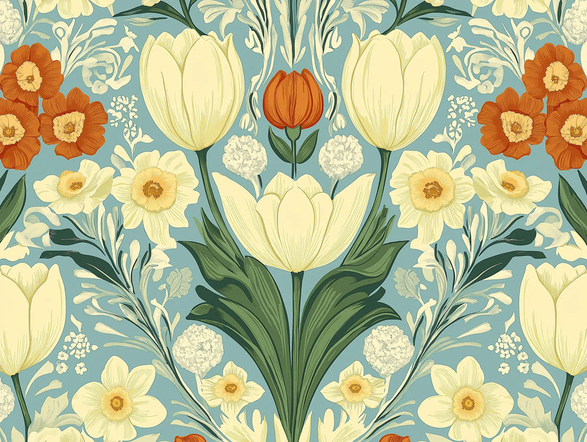 Heritage Floral Botanical Mural Wallpaper in Teal and Ochre Mural Wallpaper - room preview 02