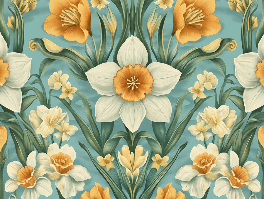 Floral Wallpaper Mural – Flower Wallpaper – Vintage Daffodil Tapestry —Teal and Ochre printable artwork
